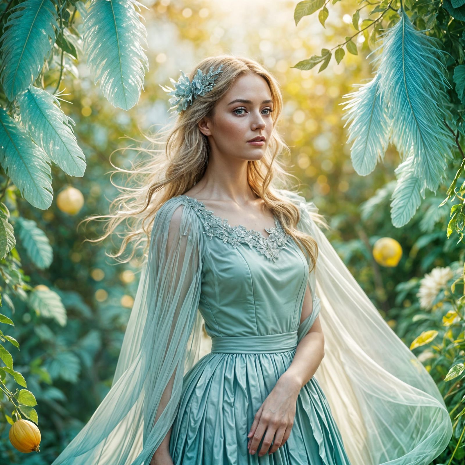 Fairy tale illustration. Close up. A young woman stands in a...