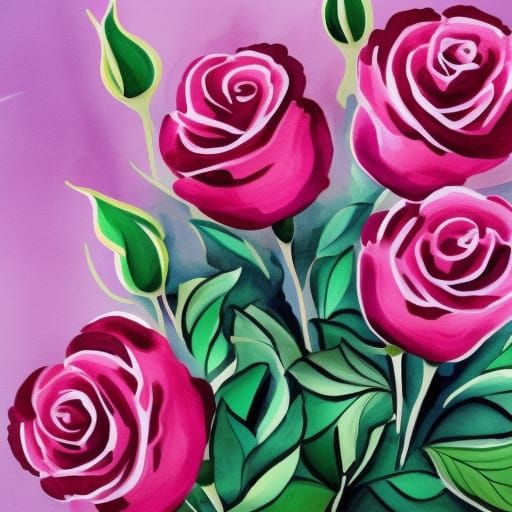 Pink and Purple Roses: Gouache Painting