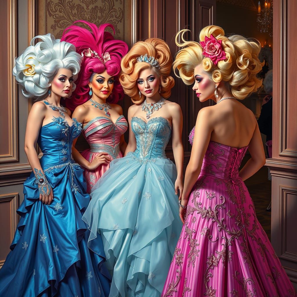 Drag Queens Gaze Enviously at Elegant Woman in Vibrant Color...