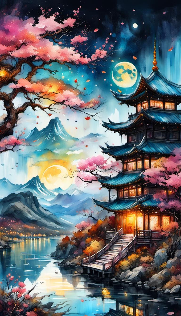 Epic Chinese Landscape with Sakura Moon