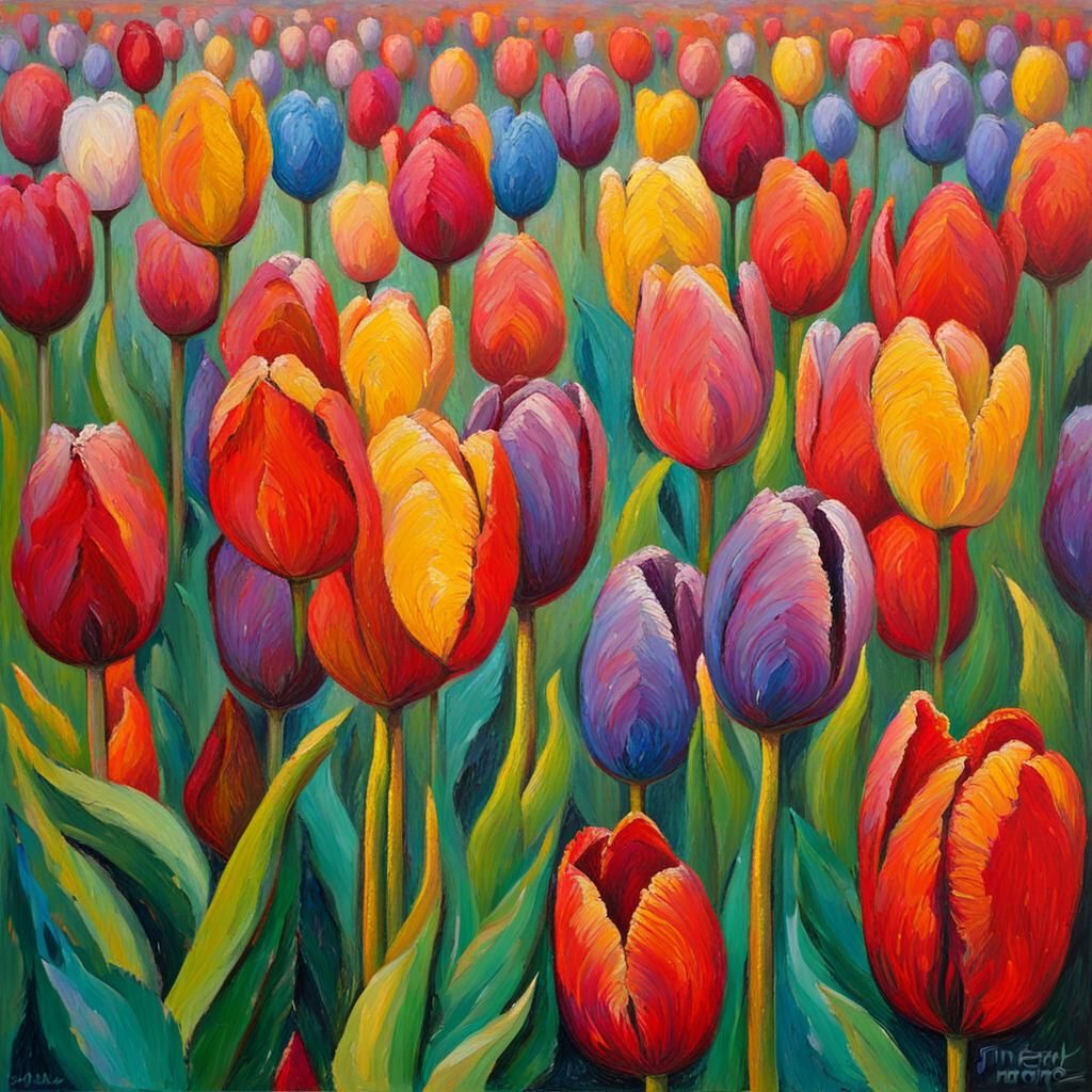 Tulip Field: Expressionist Impasto Oil Painting
