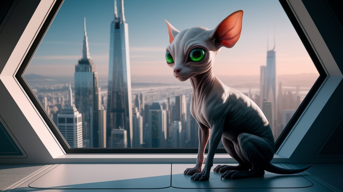 Futuristic Alien Pet Stares Out at Cityscape in a Blend of S...