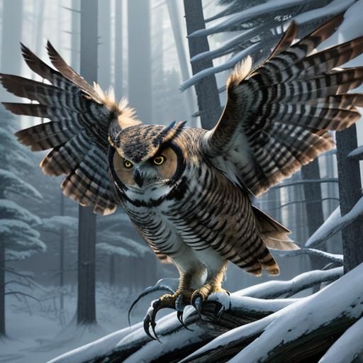 Great Horned Owl Flying: 3D Anime Winter Art