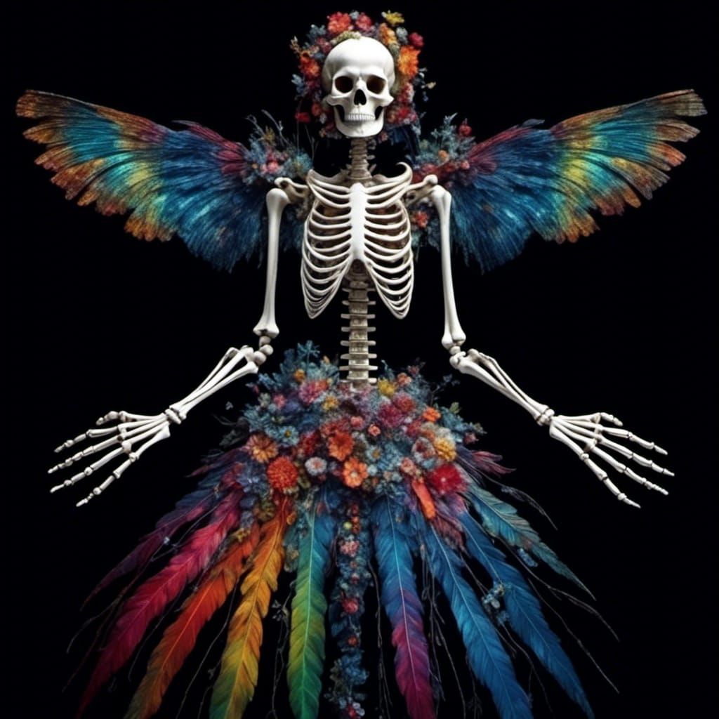 Skeletal Spirit of Ecstasy in Vibrant Psychedelic Realism