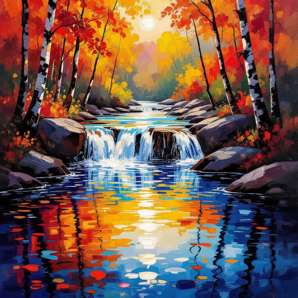 Fiery Autumn Forest Reflections on a Rushing River