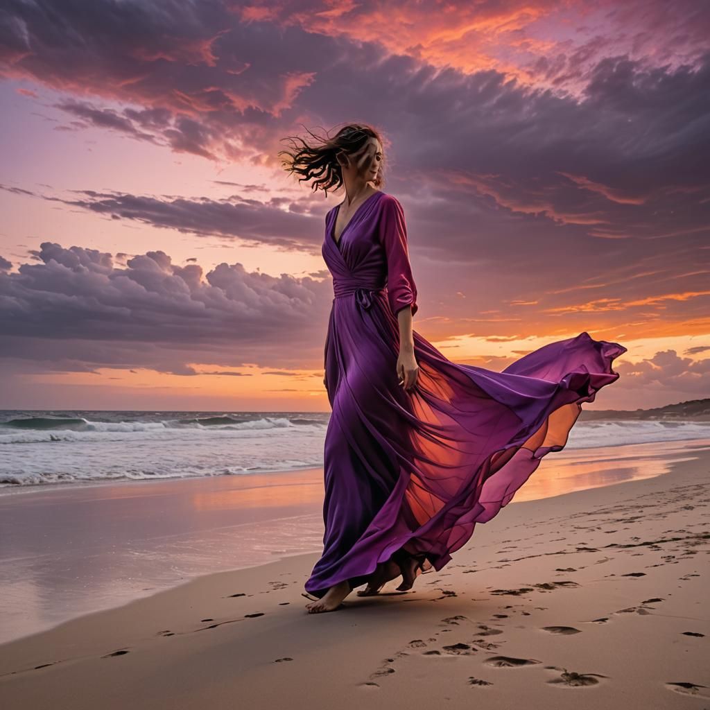 Woman Walks Beach at Colorful Vivid Sunset