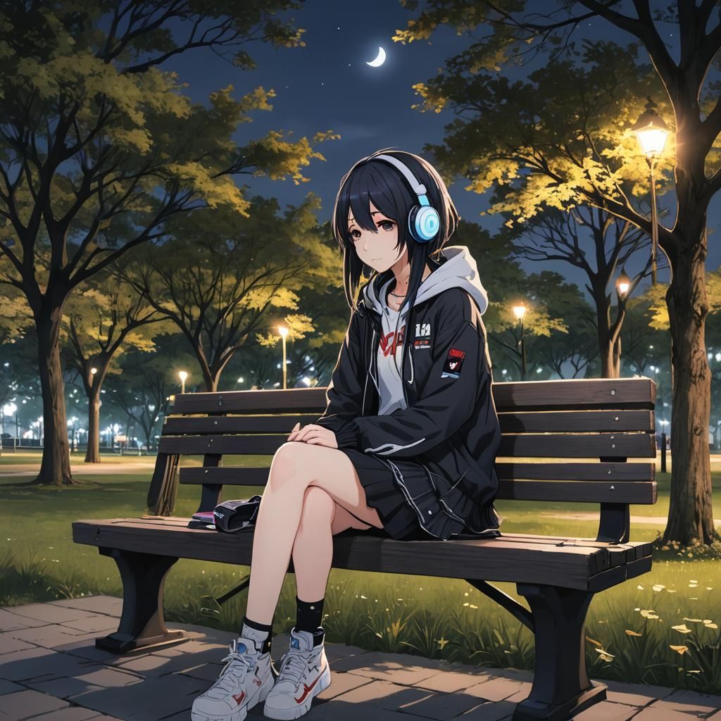 Anime Girl Listening to Music at Night