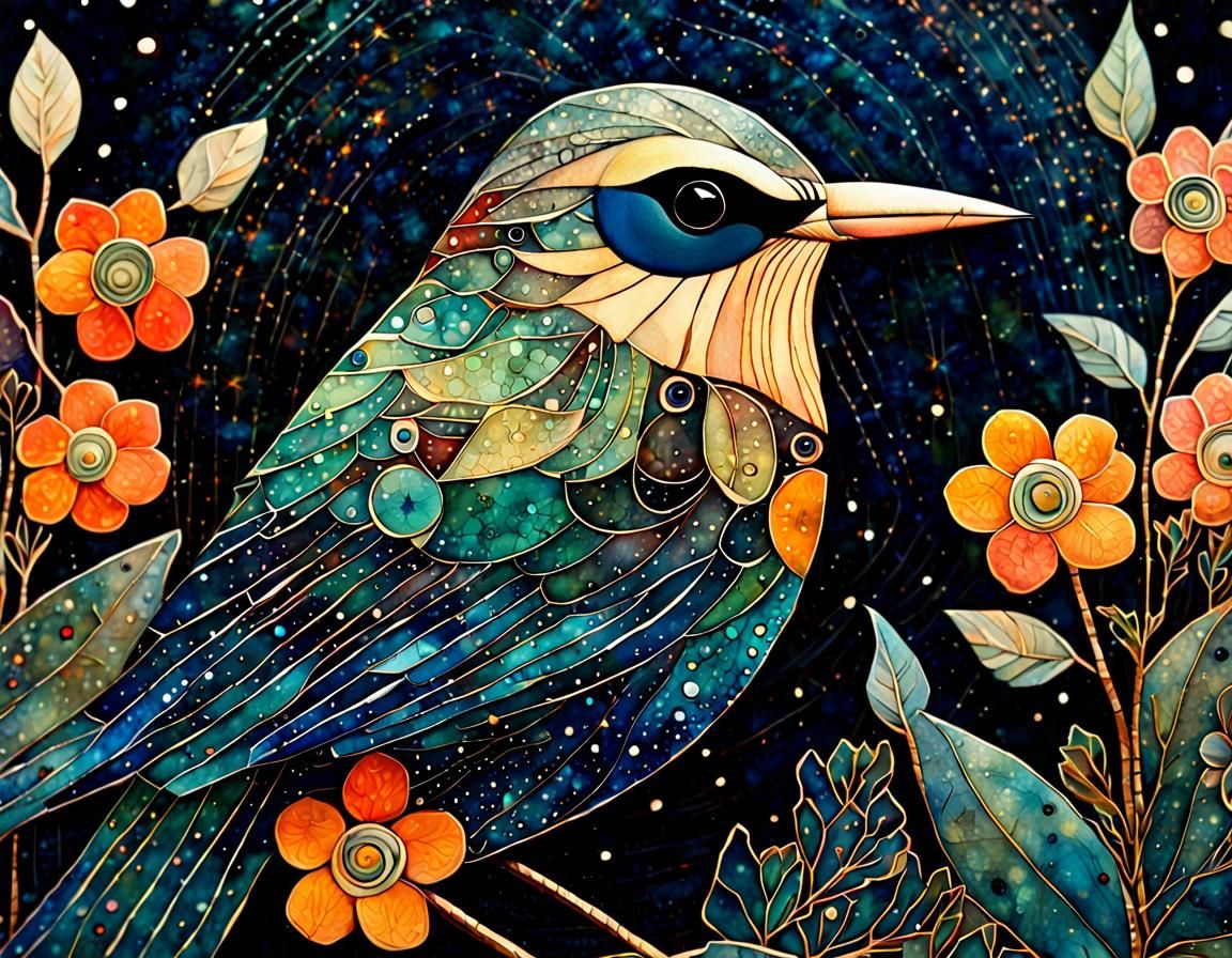 Detailed Bird in Night Sky Collage