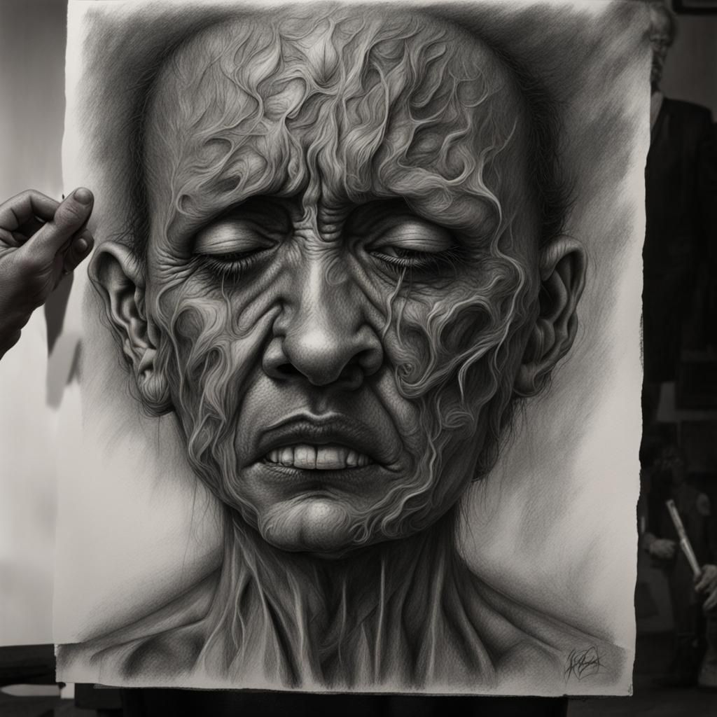 Hyperdetailed Charcoal Drawing of Pain