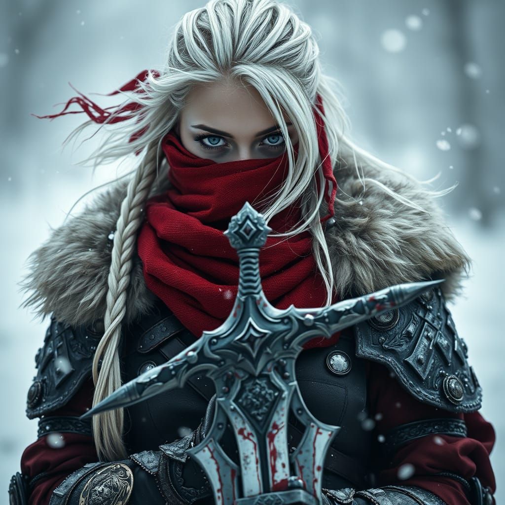 Warrior Woman in Snow Blizzard, Photorealistic Style