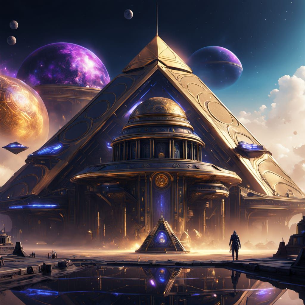 Ethereal Female Alien Beside Glowing Pyramid Saucer in Vibra...