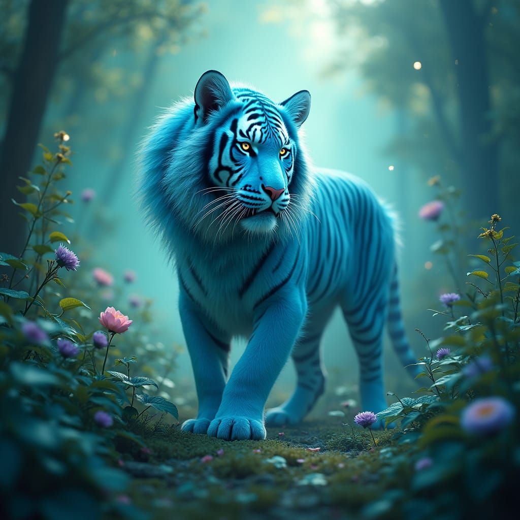 Surreal Cyan Tiger in a Dreamlike Environment