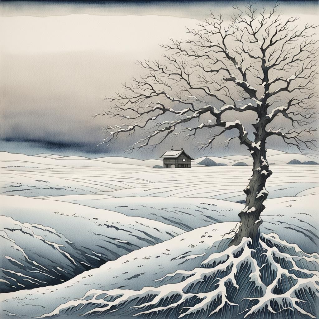 Frozen Tree: Ukiyo-e Woodblock Print in Winter