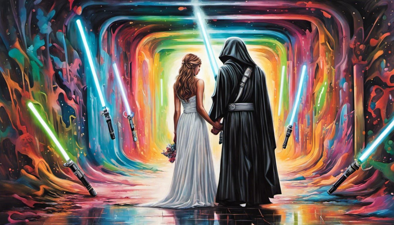 Jedi Wedding Under Lightsaber Arch in Graffiti Art