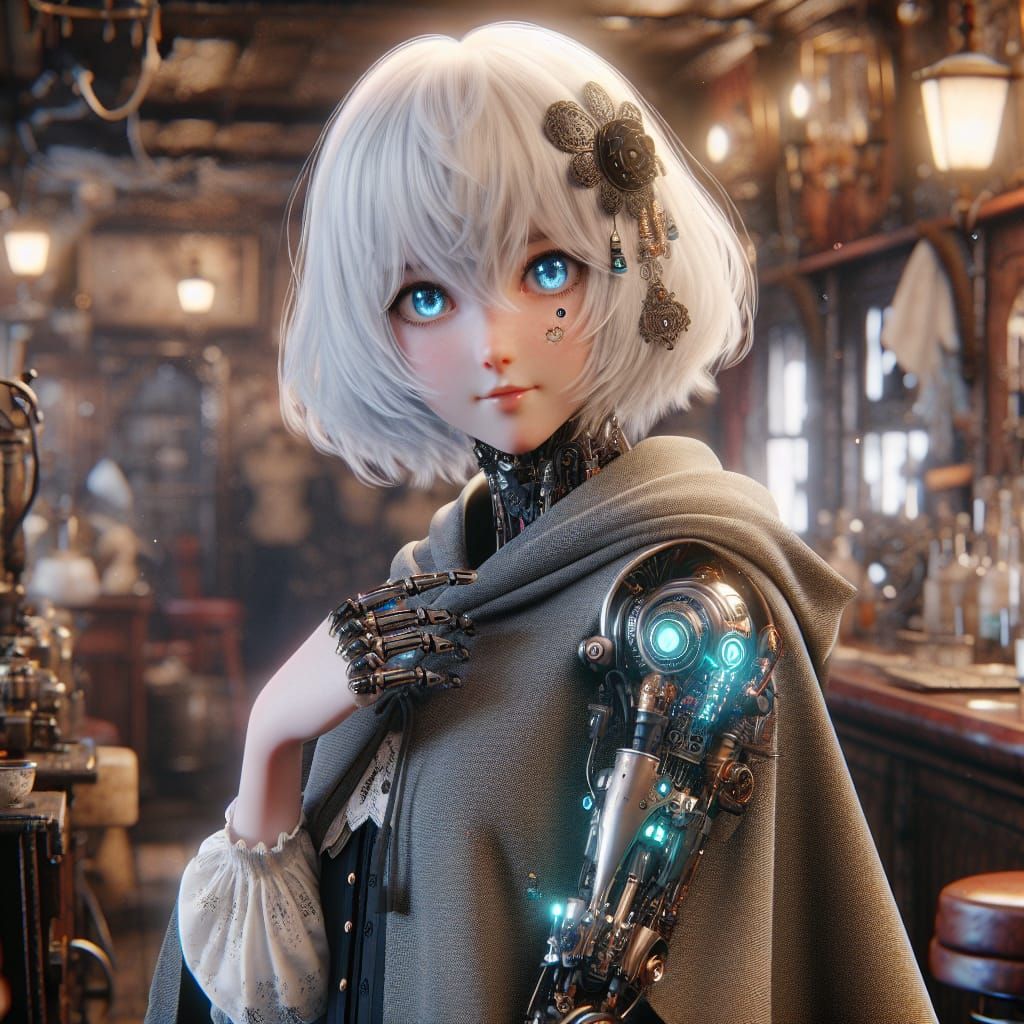 Gothic Anime Woman with Robotic Arm in Rococo Saloon