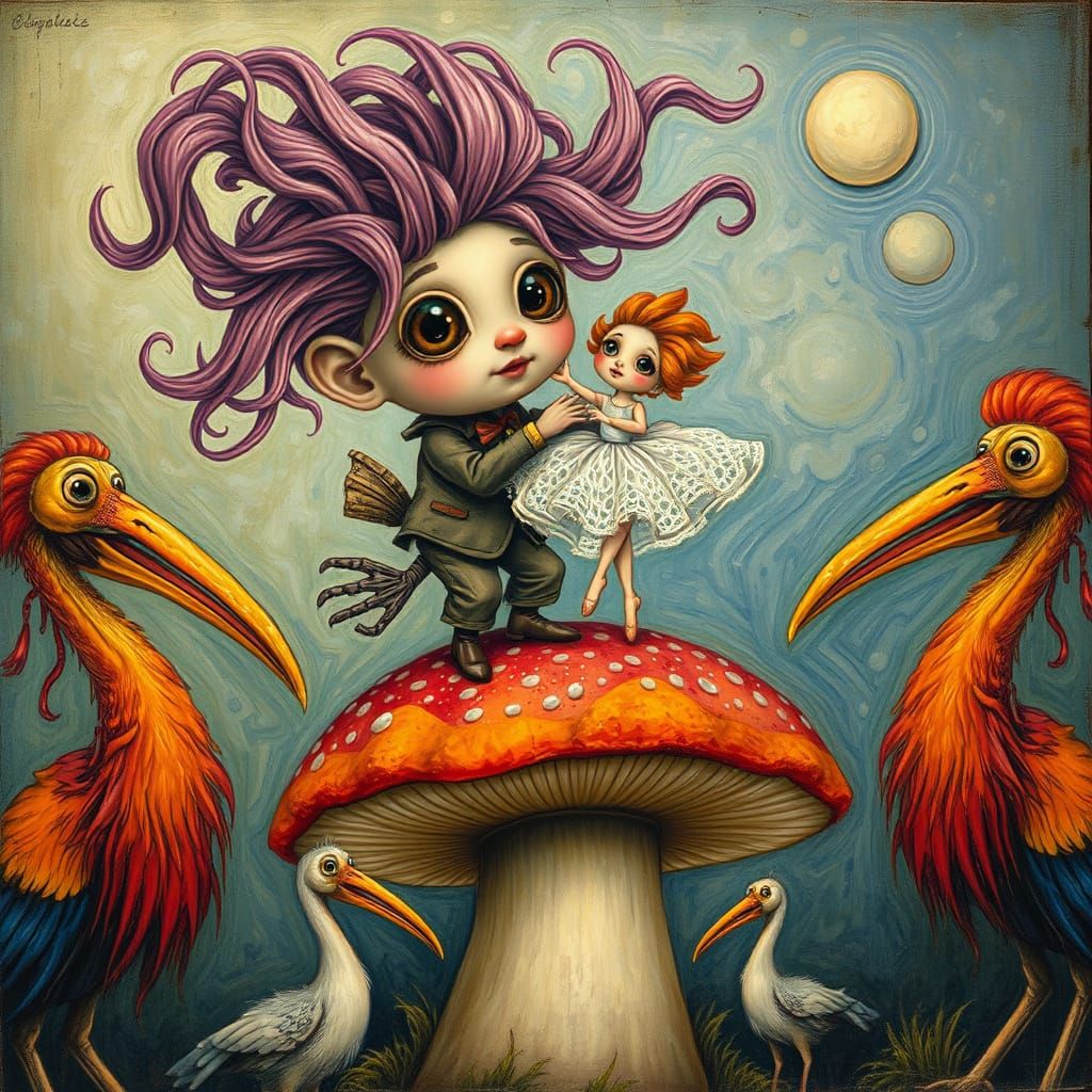 Whimsical Fisherman's Dance on a Mushroom