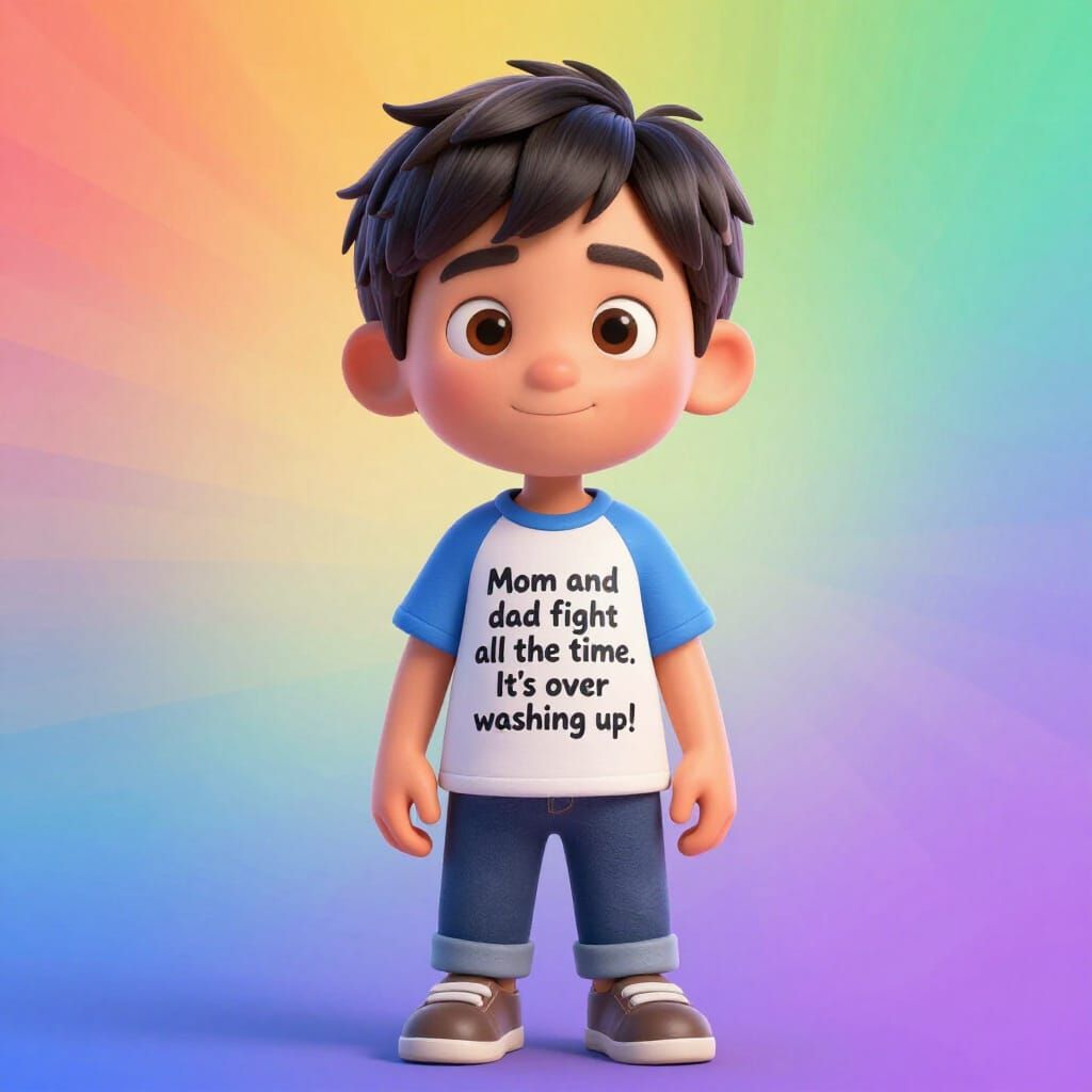 Boy in Funny "Mom and Dad Fight" T-Shirt, Pixar Style