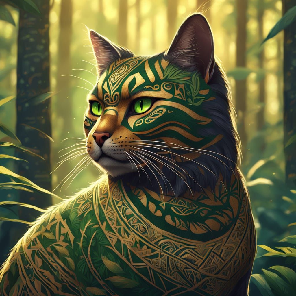 Māori Cat in Enchanted Forest Digital Painting