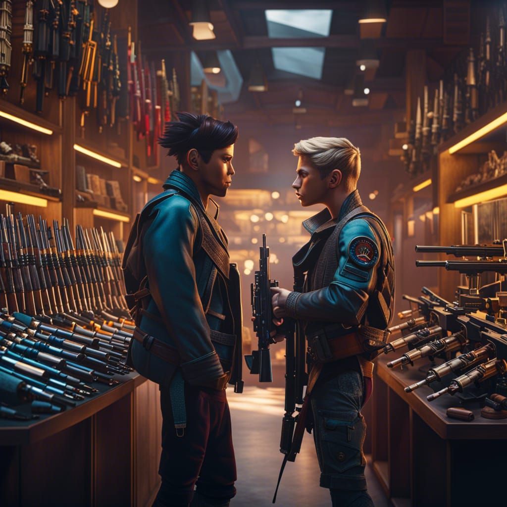 Futuristic Rebels Choose Weapons in Neon Gun Shop