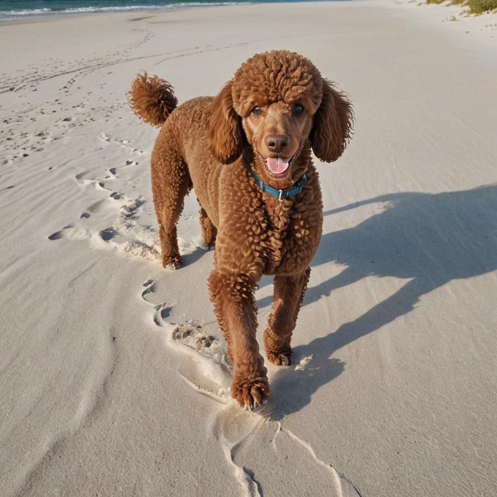 Brown Poodle on White Sand Beach: Fantasy Art