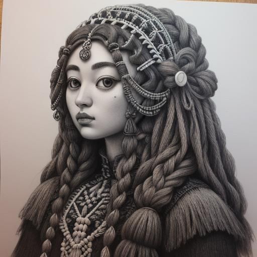 Hyperdetailed Charcoal Drawing of a Macrame Doll