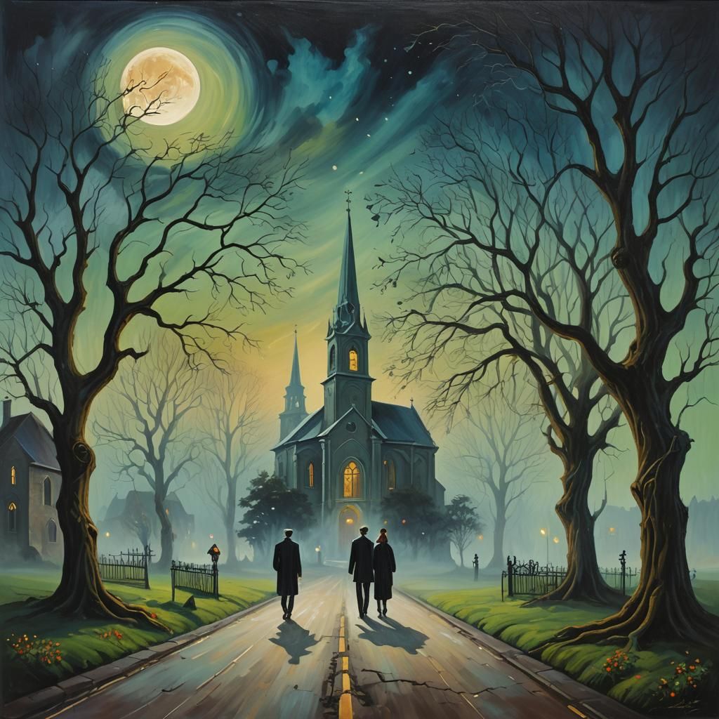 Couple Walks Under Moon in Surrealist Oil Painting