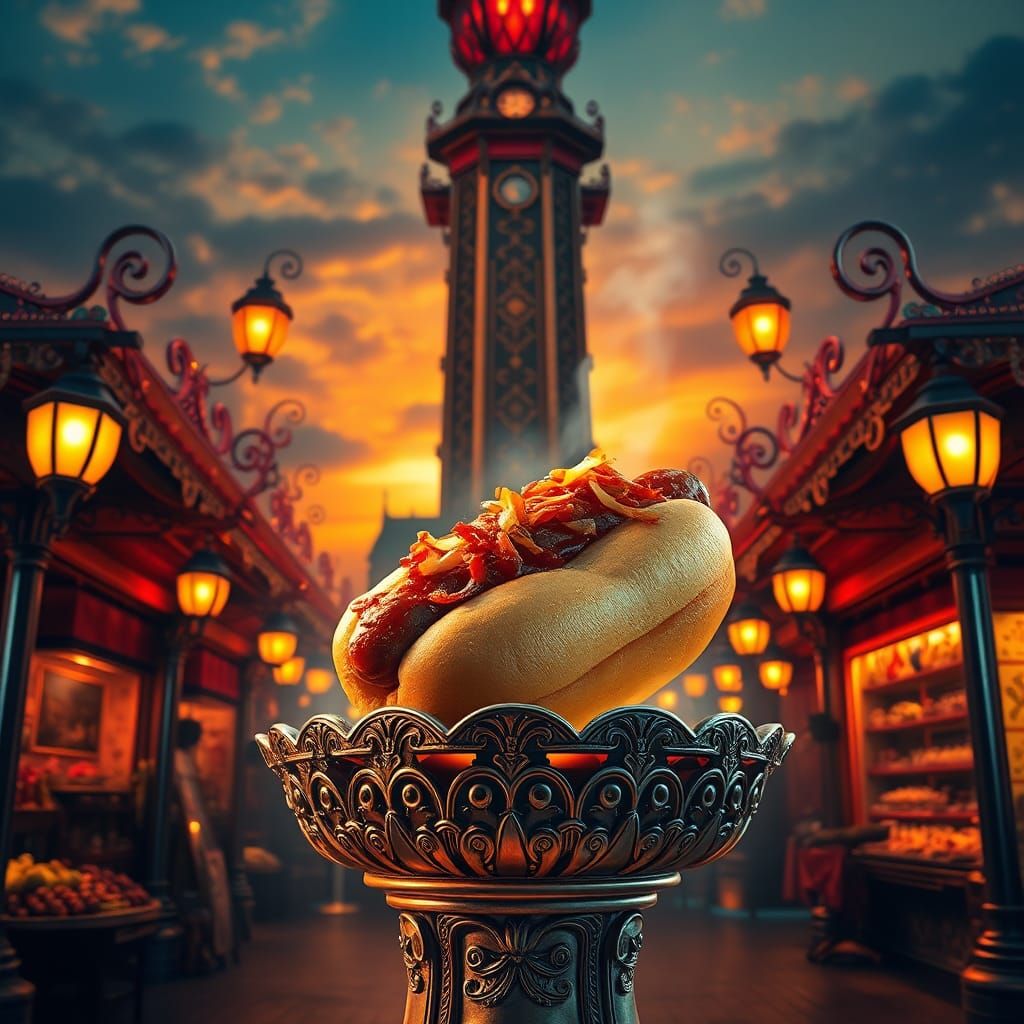 Epic Hot Dog Stand in a Mystical Market