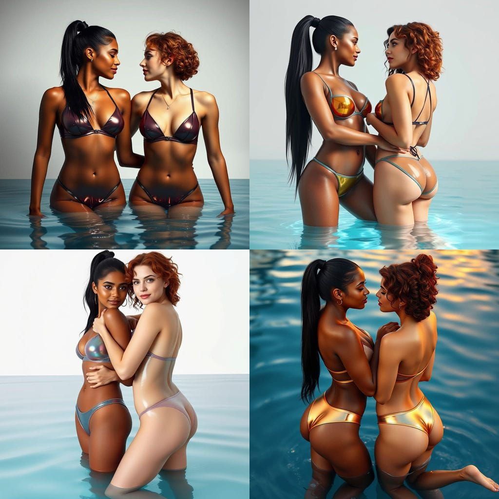 Two Young Women in Shimmering Latex Bikinis Embracing Each O...