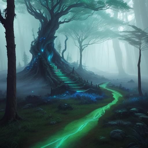 Mystical Forest Path with Glowing Symbols and Ink Effect