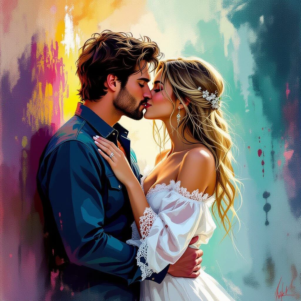 Woman in Nightgown Kissing Man in Polychromatic Art Style