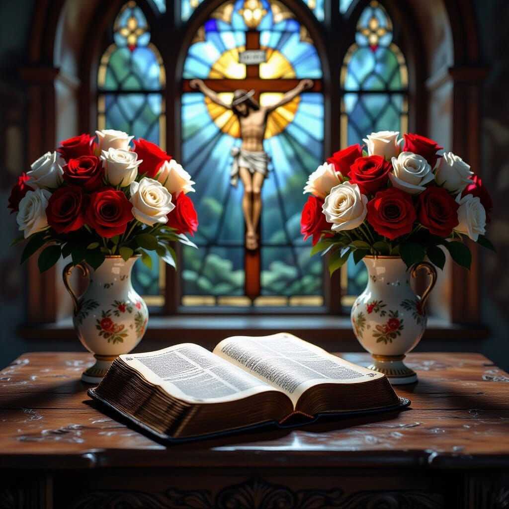 Bible with Roses and Stained Glass Window