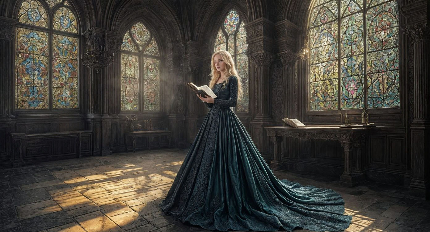 Regal Noblewoman with Grimoire in Castle Hall