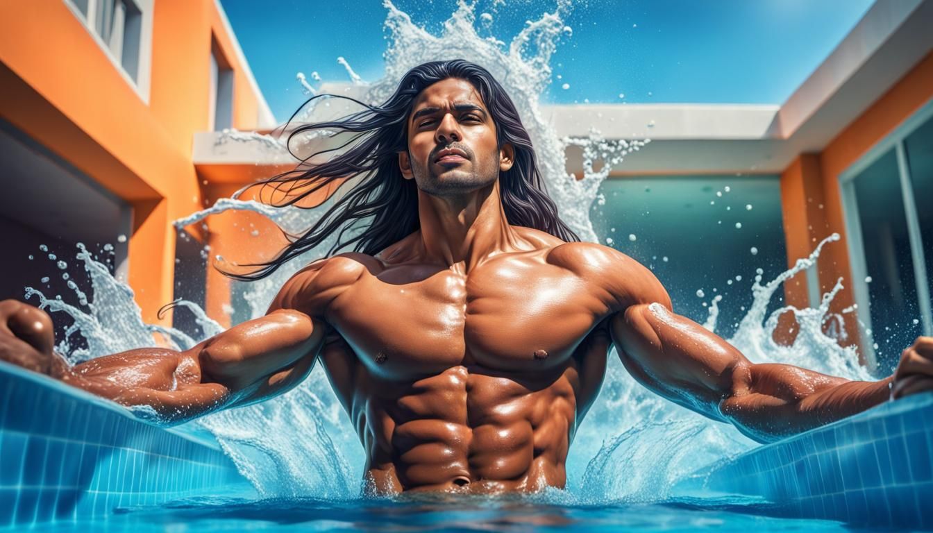 Hyperrealistic Indian Man with Abs in Pool