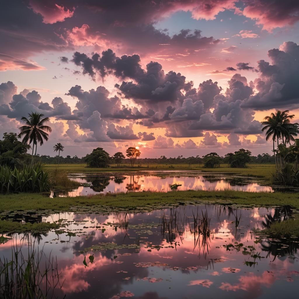Pink Sunset Over Tropical Wetlands: Photography