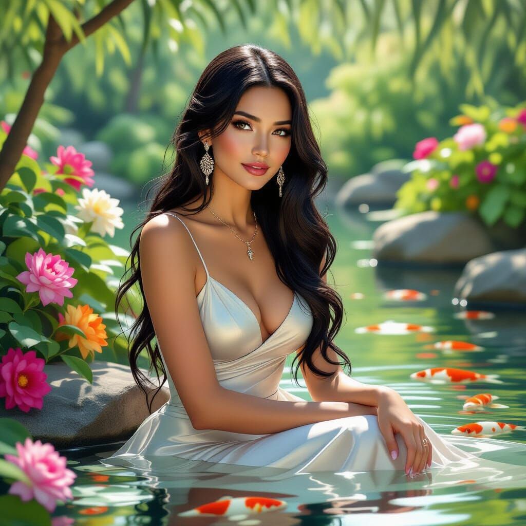 Elegant Woman by Koi Pond in Art Nouveau Style