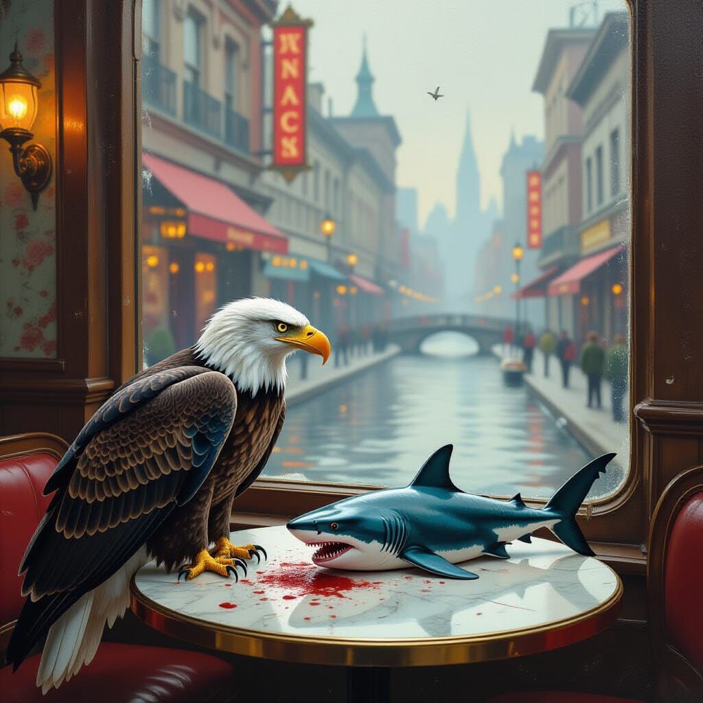 Eagle Eats Shark in Cafe Mystery Painting
