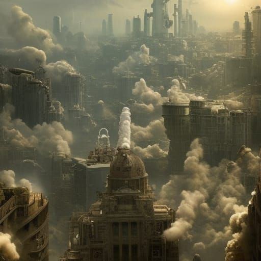 Dystopian Future: Polluted Cityscape with Flying Capsules