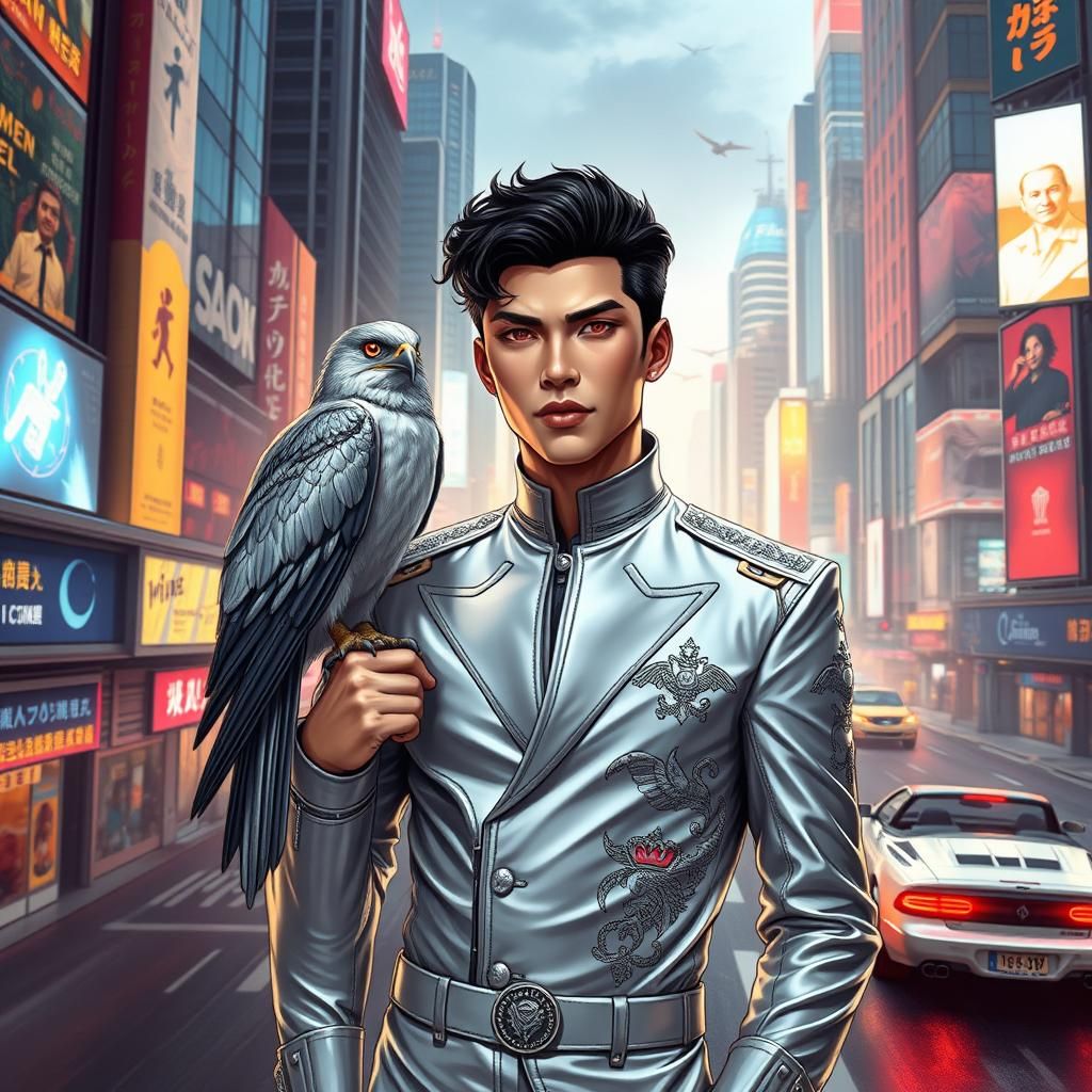 Retro-Futuristic Prince with Robotic Falcon in Anime Style