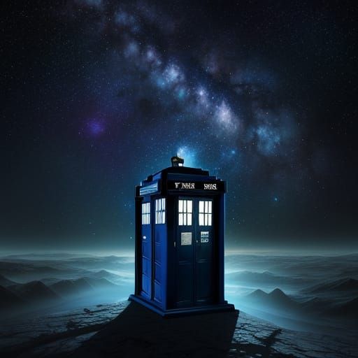 Doctor Who Tardis on Alien Planet with Starry Sky