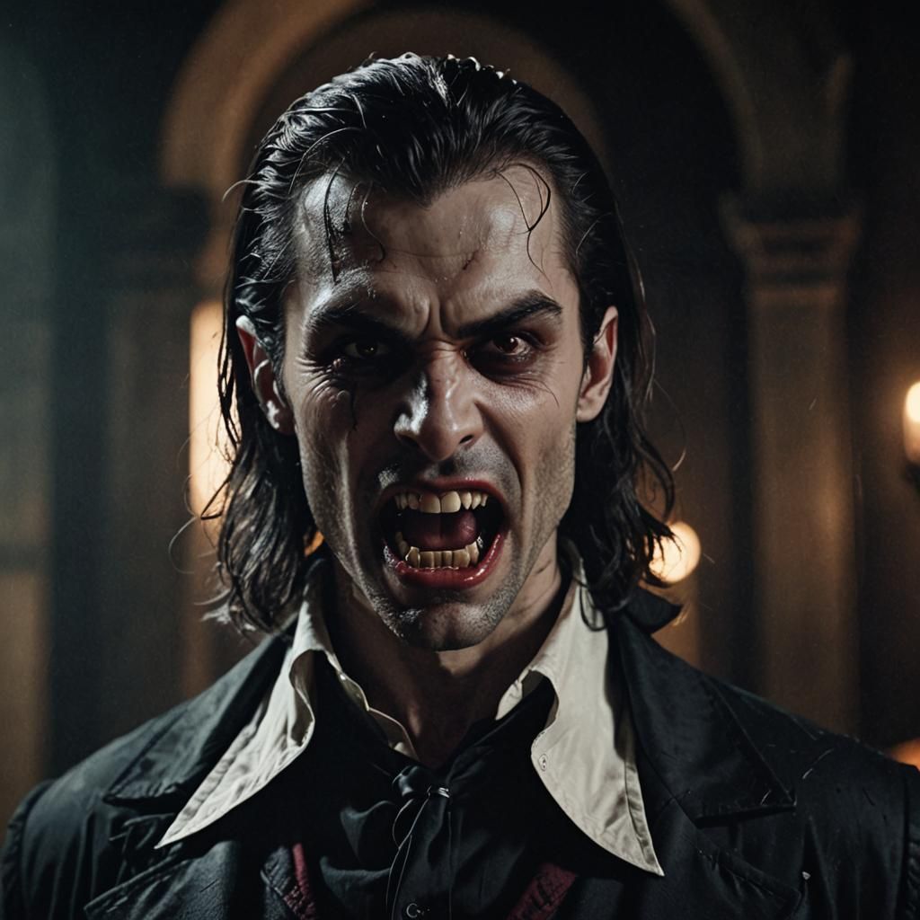 Handsome Vampire with Fangs in Cinematic Lighting