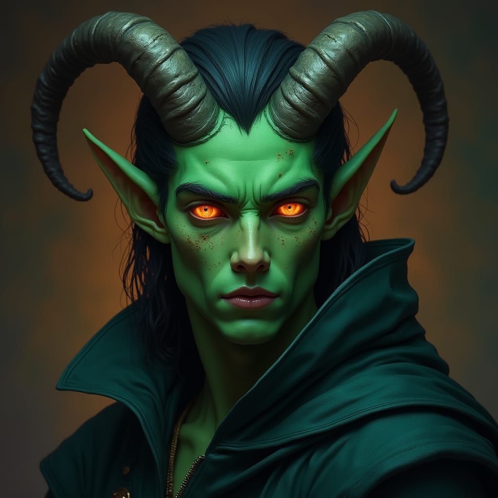 Ethereal Tiefling Warlock with Emerald Skin and Horns