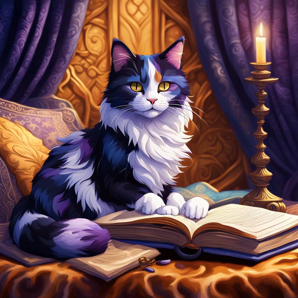 Calico Cat Reading Book: Fantasy Concept Art
