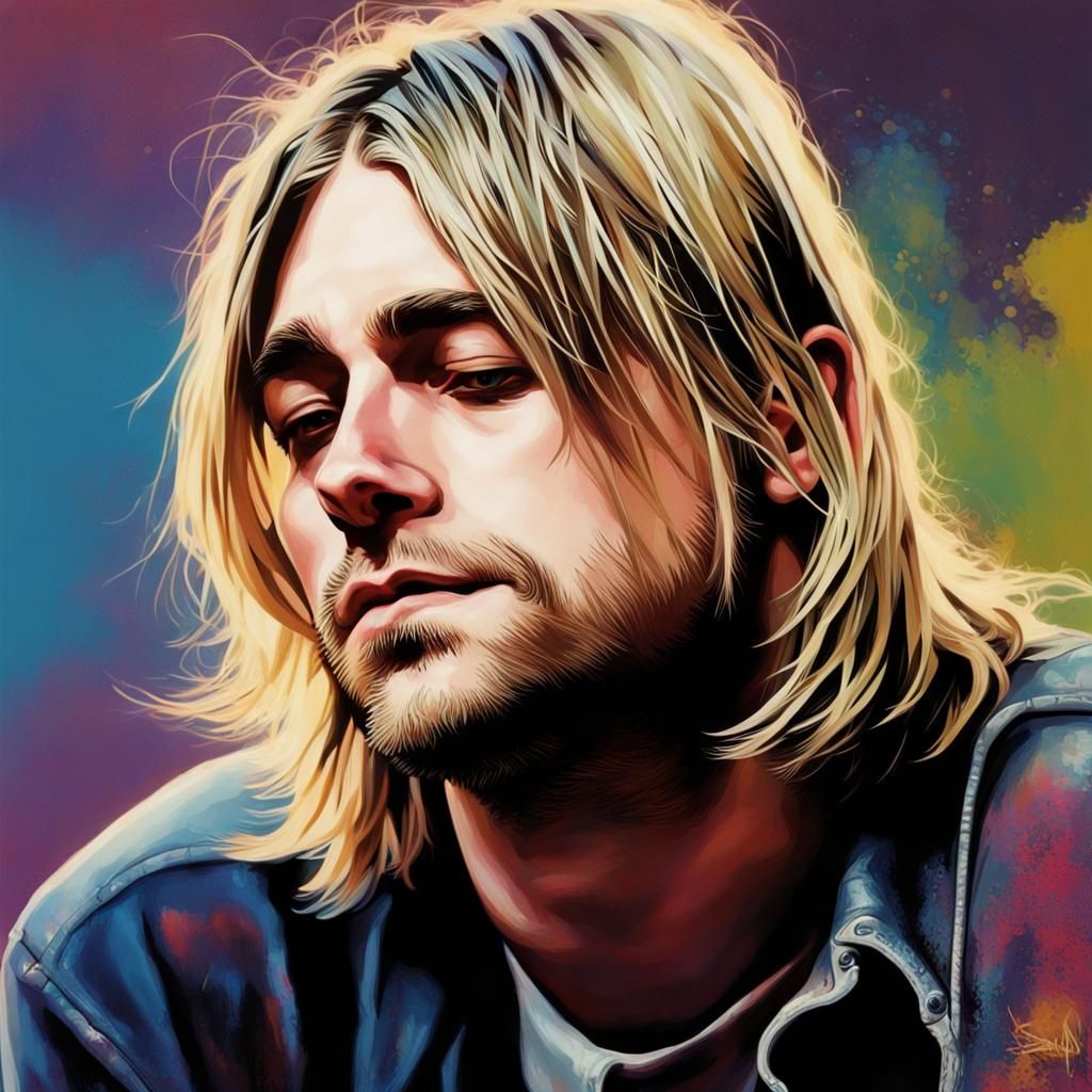 Hyperrealistic Portrait of Kurt Cobain in Splash Art Style