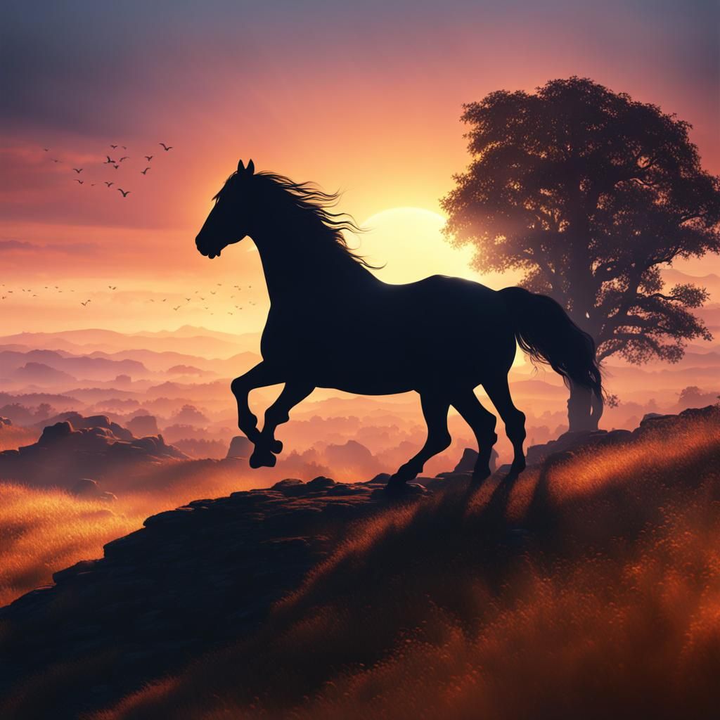 Horse Silhouette Sunset: Detailed Matte Painting