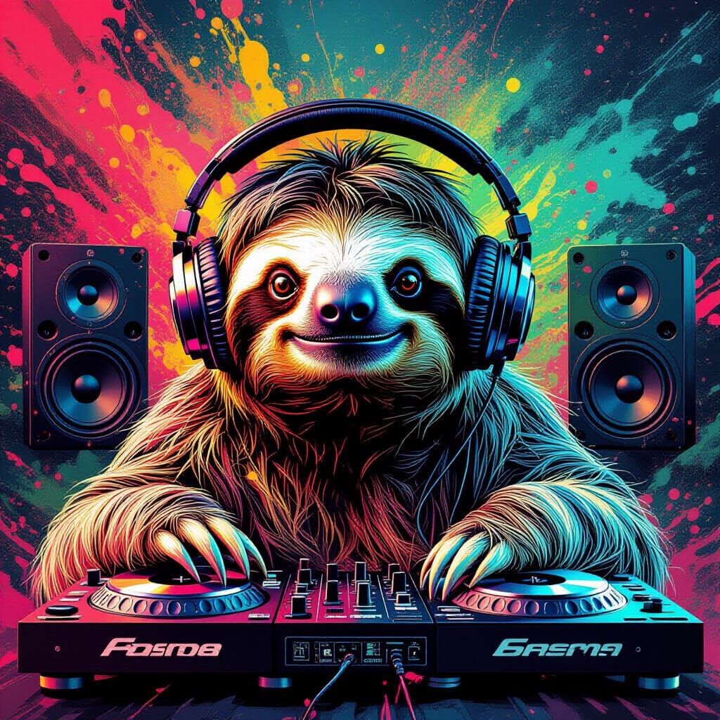 Adorable Sloth DJ in Vibrant Splash Art Style