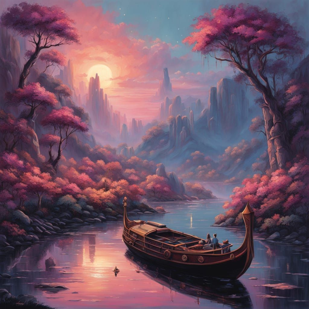 Serene Jungle Riverboat Under Celestial Whirlwind