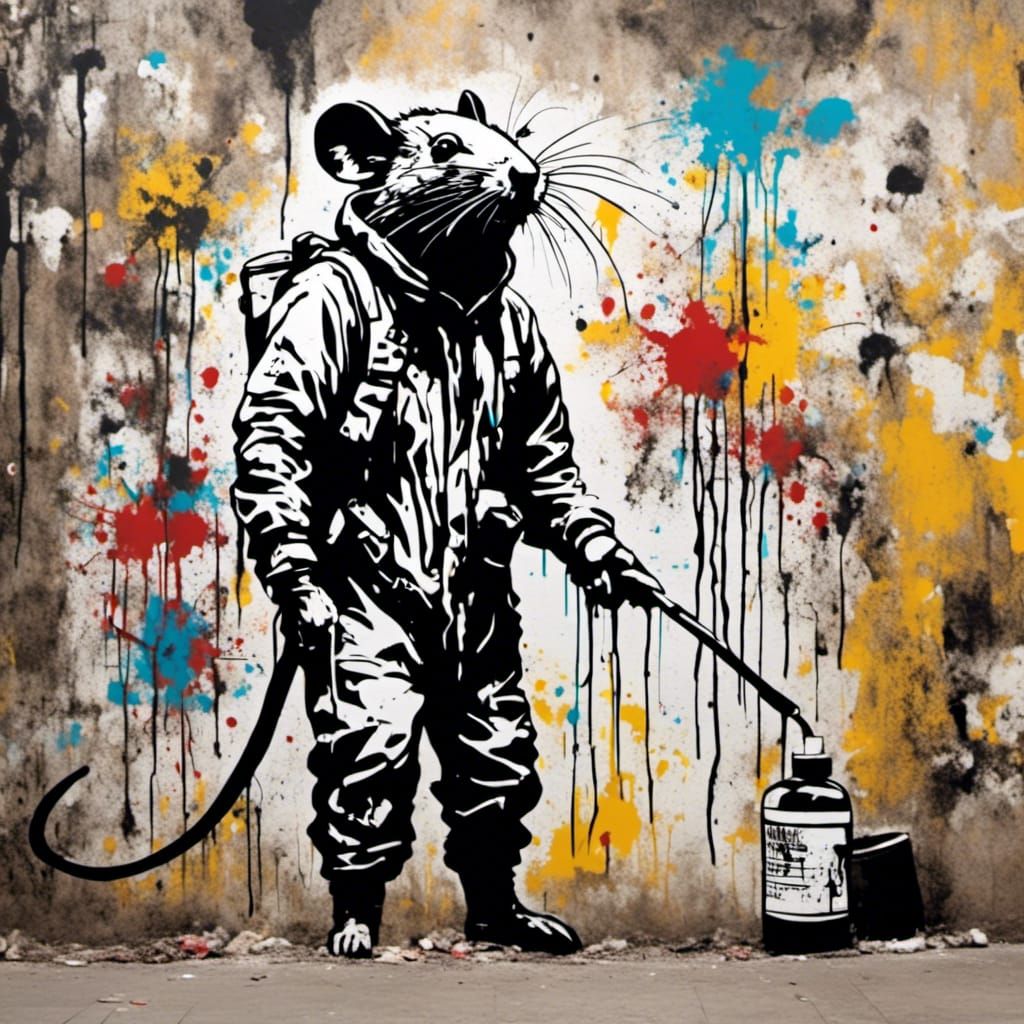 <lora:Neo-expressionism:1.0> Graffiti piece in black and white of a Rat in a Biohazard suit spraying cleanser