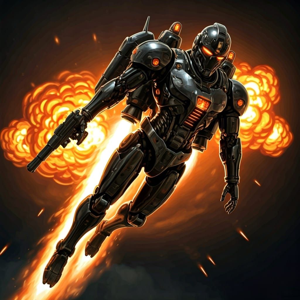Cybernetic Android Soaring Through Explosions in Retrofuturi...
