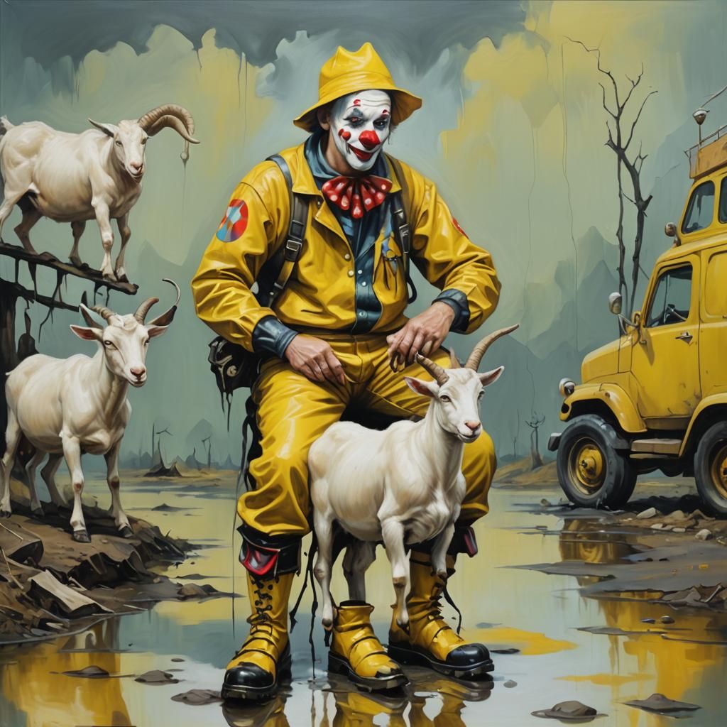 Clown Biker and Goat in a Surreal Landscape