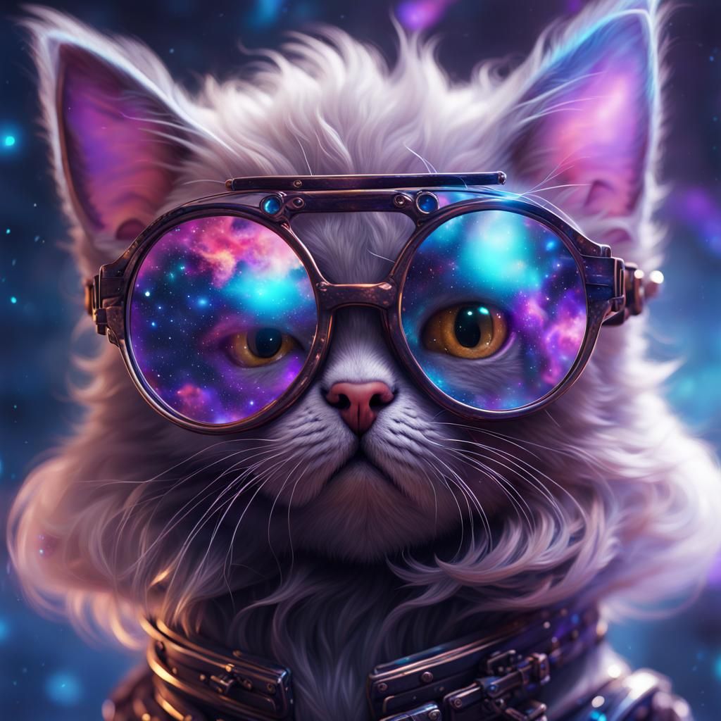 Galaxy Kitten in Glasses: Detailed Matte Painting